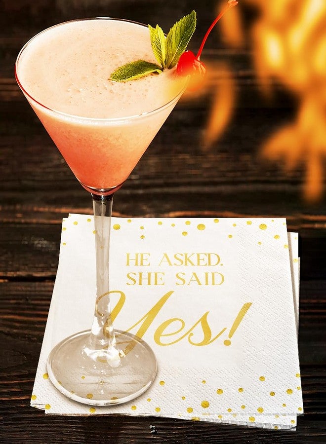 JOYGATHER Engagement - 100PCS White & Gold Foil Cocktail Napkins, 3-Ply Disposable Paper 5x5 Inches "He Asked, She Said Yes!" Napkin Decorations, Bridal Shower, Wedding, Anniversary, Party Men & Women - Image 5